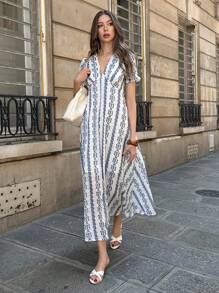 Pariaura Vestido vintage con cuello en V, estampado y manga abullonada, con cintura definida, para primavera/verano - Azul y blanco - Ver 3