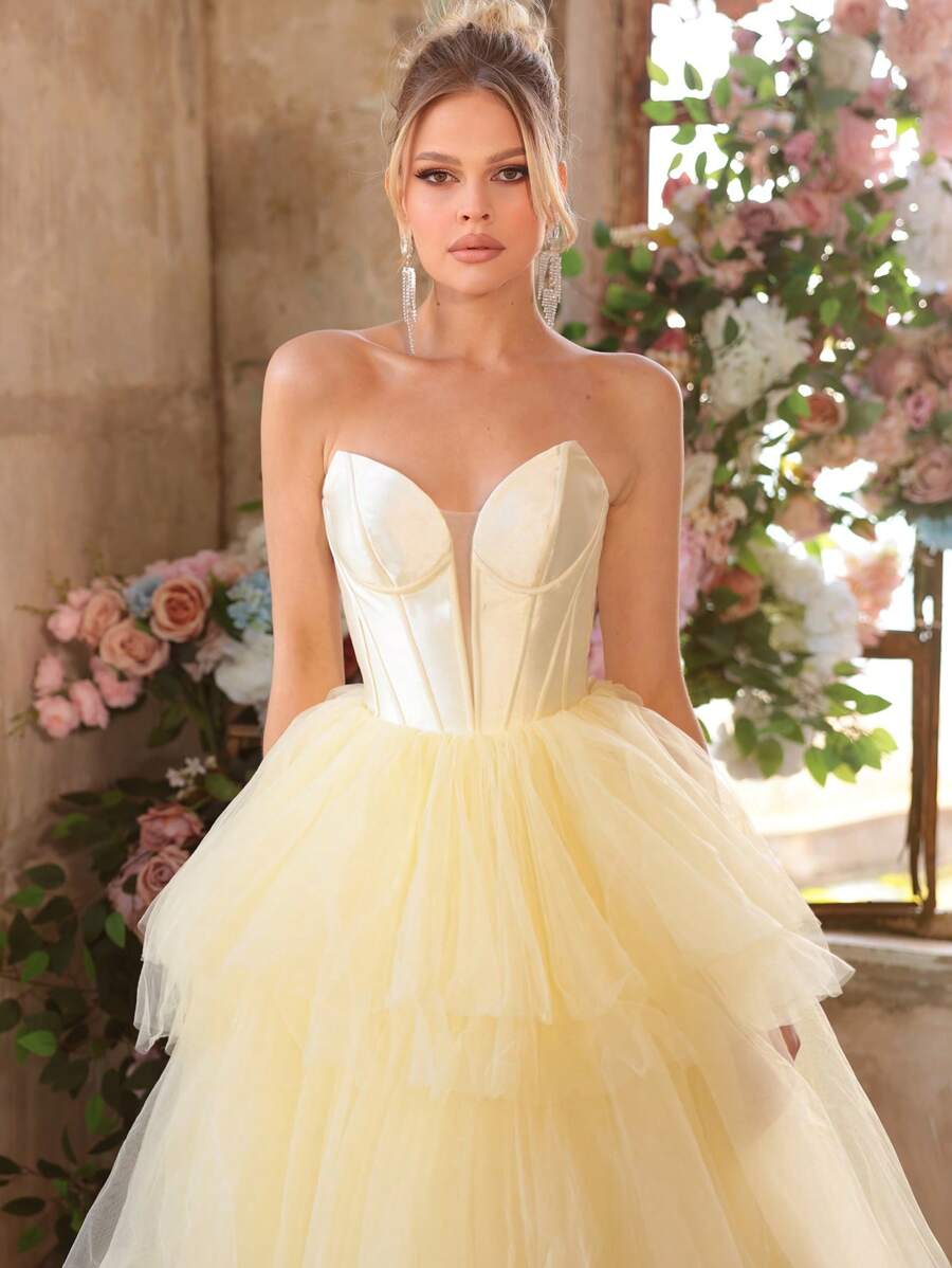 Glamrae Elegante y hermoso vestido de fiesta de satén con profundo escote en V, múltiples capas y detalles de ballenas, ideal para citas, fiestas, graduaciones, ceremonias de boda, ocasiones formales y cenas. Color amarillo claro con tul. - Amarillo - Ver 1