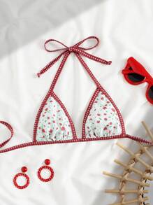 Swim Mod 1 件女式花卉装饰撞色挂脖比基尼上衣，夏季假日 - 彩色 - 查看 4