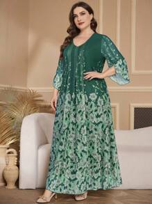 SHEIN Lacomfia 女式 V 领泡泡袖花卉印花优雅浪漫连衣裙，大码，休闲日常 - 彩色 - 查看 5