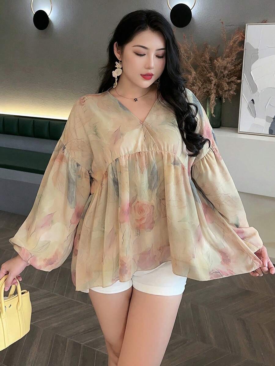 Dazy Plus Plus Size Floral Print V-Neck Puff Sleeve Smock Blouse, Resort Style Pullover Blouse, Back To School Clothes Fall Vacation - Apricot - View 1