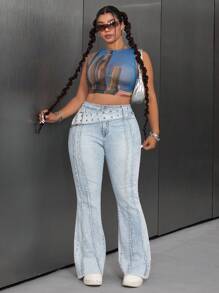 SHEIN ICON 大码女式 Y2K 时尚休闲束带喇叭牛仔裤 - 淺色水洗藍 - 查看 6