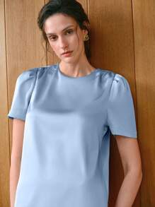 Uhlyne 女士圆领短袖竹节棉优雅通勤衬衫 - 淺藍色 - 查看 7