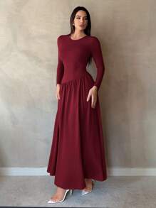 SHEIN Tall 女式纯色简约荷叶边下摆长袖连衣裙 - 酒紅色 - 查看 1