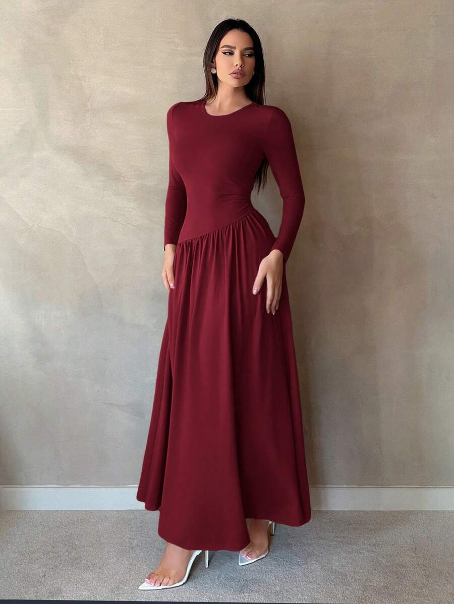 SHEIN Tall 女式纯色简约荷叶边下摆长袖连衣裙 - 酒紅色 - 查看 1