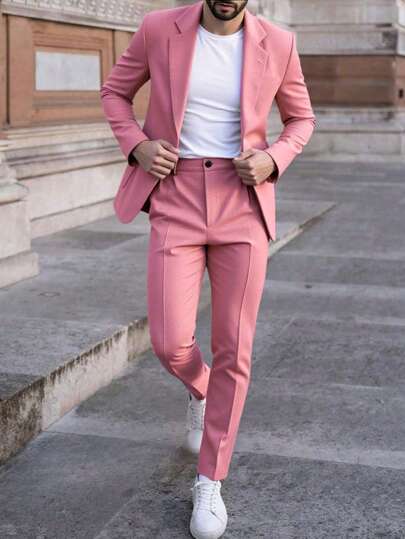 Manfinity Mode 男士休闲通勤纯色夹克和裤子套装