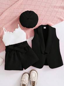 SHEIN 2 件套女婴纯色针织开衫上衣和针织背带裤套装（含帽子） - 黑與白 - 查看 7