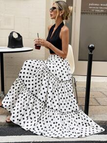 SHEIN Frenchy Falda de verano con volantes y estampado de lunares para mujer, ropa de verano informal, faldas de mujer, ropa de verano para mujer, falda de trabajo o cumpleaños - Blanco y Negro - Ver 8