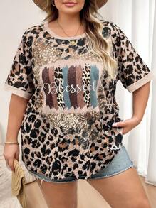 SHEIN CURVE+ Grand T-shirt femme avec imprimé léopard et motif lettres, courbe plus, style bohème vacances, T-shirt grande taille été, campagne, vacances à la plage, tenue de plage - Multicolore - Voir 7