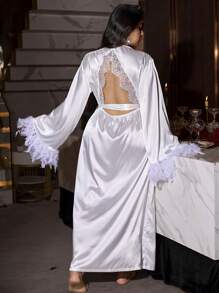 SilkySpell Plus Size Women's Luxury Faux Fur Decorated Long Sleeve Lace Patchwork Backless Satin Long Robe Gown Luxe Loungewear, For Fall, Winter