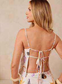 L'Amorae 女士贝壳亚麻海滩印花吊带背心露背上衣波西米亚风夏季度假套装 - 彩色 - 查看 1