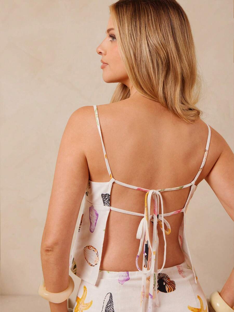 L'Amorae 女士贝壳亚麻海滩印花吊带背心露背上衣波西米亚风夏季度假套装 - 彩色 - 查看 1