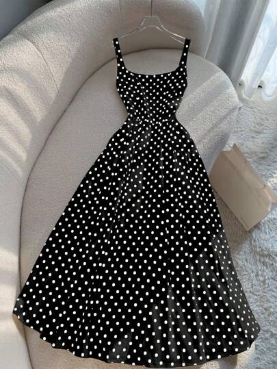 INAWLY Women's Retro French Polka Dot Beach Vacation Spaghetti Strap Maxi Dress