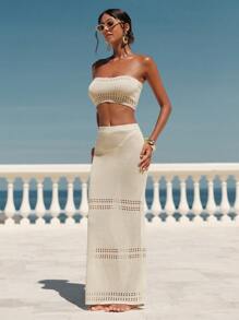 Swim Chiccia Women 2pcs Summer Beach Outfits - White Swimsuit, Crochet Hollow Mesh Coverup Bikini And Skirt Set - Beige - View 3