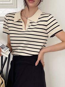 DAZY Blusa de punto de manga corta con cuello y rayas para mujer, atuendo de profesora - Albaricoque - Ver 2