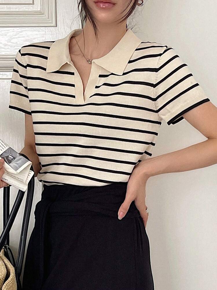 Women Collared Striped Short Sleeve Pullover Knit Top,Teacher