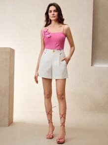 Anewsta Elegant Yellow Asymmetrical 3D Floral Camisole With Adjustable Straps, Stretchy & Slimming, Suitable For Summer, Beach, Holiday, Casual, Elegant - Hot Pink - View 6