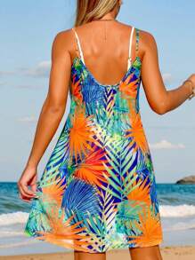 Swim Vcay 夏季女士热带植物印花细肩带连衣裙罩衫，适合海滩度假 - 橘色 - 查看 2