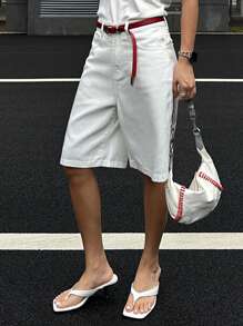 SHEIN x PRISCILA & JIMENA DAZY Women's Casual Loose Fitting Mid-Thigh Length Denim Shorts With Pockets - White - View 3