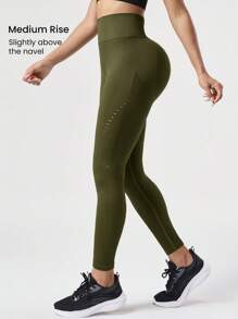 SHEIN Sports 女士纯色基本款无缝紧身裤 - 軍綠色 - 查看 3