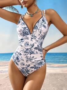 Swim Lushoire 1pc Summer Beach Vacation Fabric Fresh Landscape Printed One-Piece Swimsuit - Blue and White - View 3