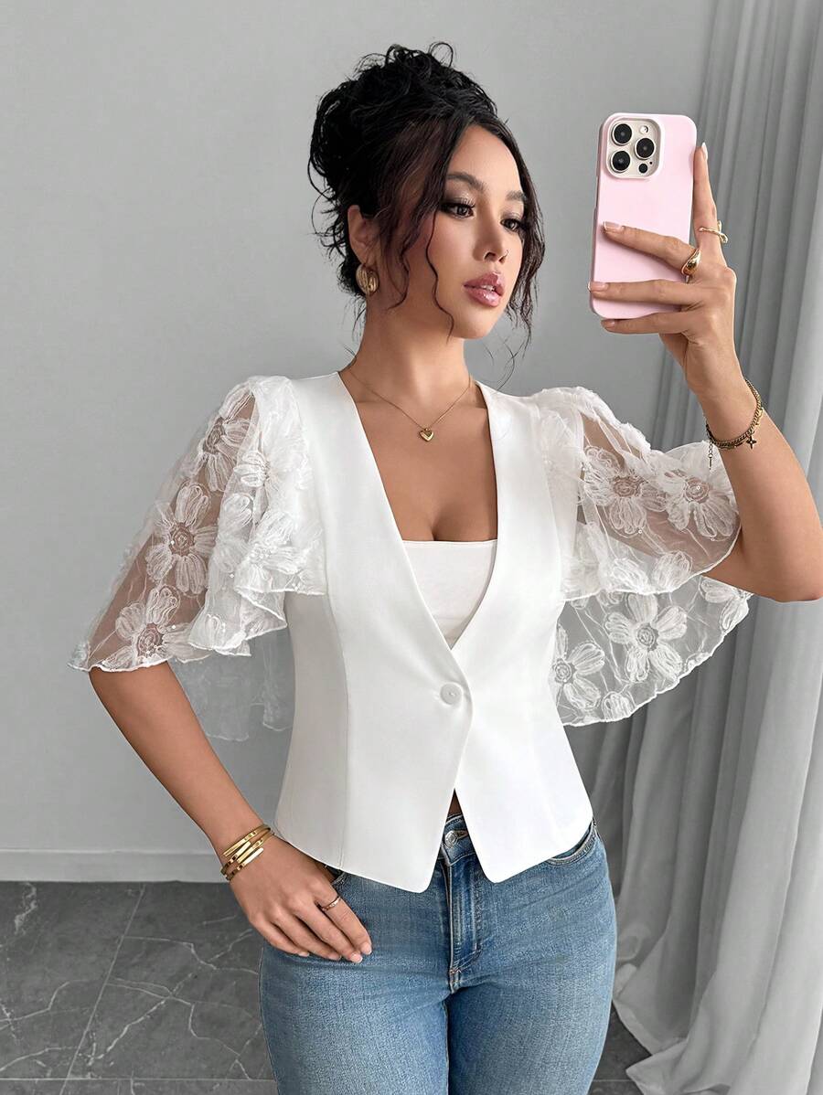 Chiquease 女式夏季时尚轻薄短款西装外套 - 白色 - 查看 1