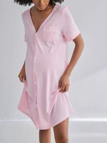 BloomMama Maternity Short Sleeve Ribbed Nursing Nightgown With Button,Fashion Loungewear Sleepwear Pajama Dress Sleep Shirt - Pink - View 3