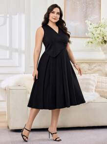 Modelyn Vestido sencillo de talla grande color negro con cuello en V sin mangas, uso casual diario