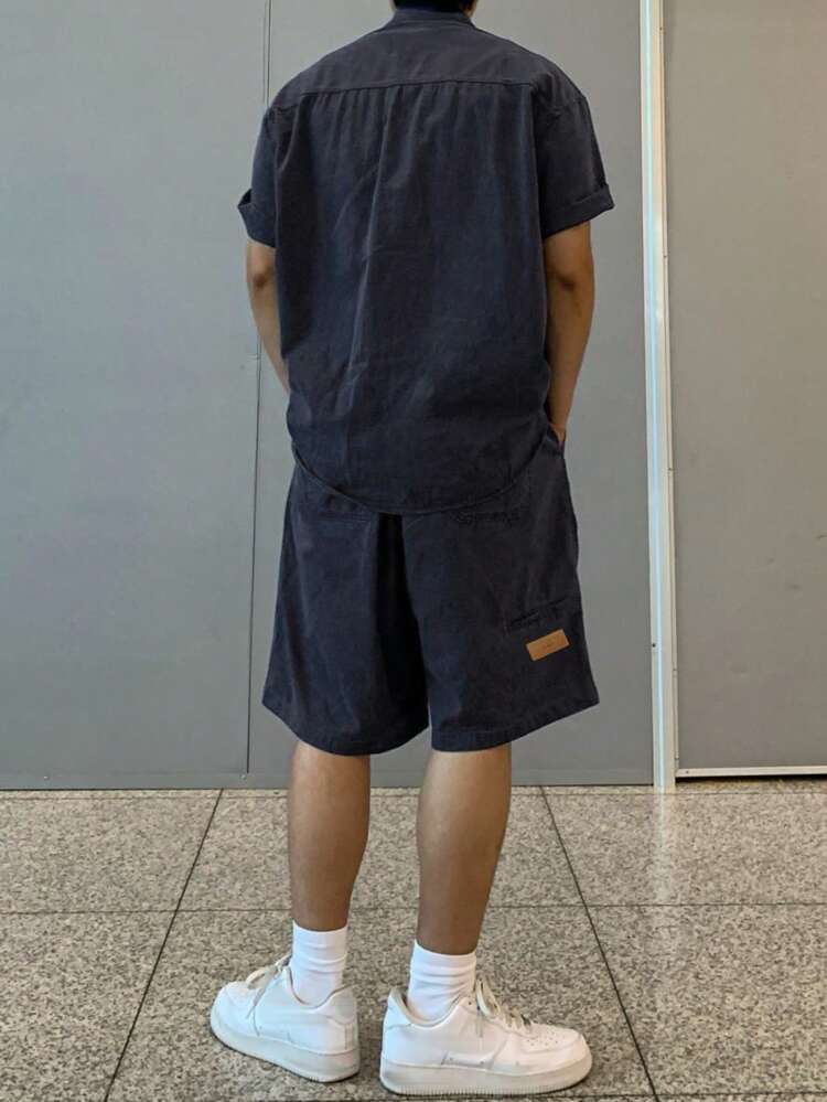 Men's Solid Color Patch Tag Navy Blue Blue Shirt Set, Summer