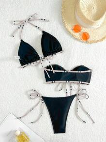 SHEIN Swim 3pcs/Set Women Bikini Swimsuit, Minimalist Striped Print Tie Front Bandeau Backless Design For Summer Beach Vacation - Multicolor - View 2