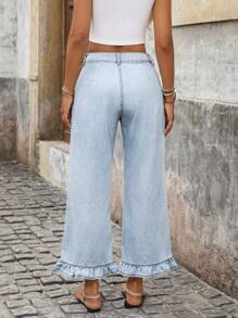 Breezaya Women's Solid Color Ruffled Hem Wide Leg Jeans - Blue - View 2