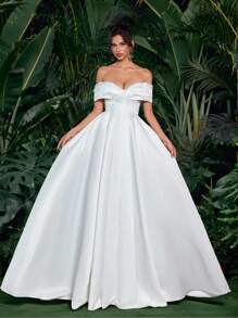 Glamrae Elegant White Satin Simple & Generous Off Shoulder Neckline Luxurious Pearl Rhinestone Decor Cinched Waist Flared A-Line Hem Adjustable Back Tie Trailing Bridal Wedding Dress, Bride - White - View 7