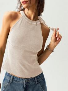 Bohemela 度假风格纯色针织水洗修身露肩女式背心 - 杏色 - 查看 3