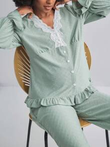 对比色镶边 V 领开衫提花长袖和裤子孕妇睡衣套装