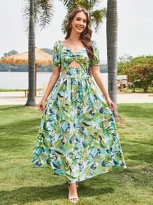 Breezaya Women's V-Neck Puff Sleeve Leaf Print Swing Dress - Multicolor - View 4