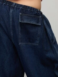 COUREZ 低腰宽松桶形降落伞牛仔裤 /Y2K/休闲/棉质/夏季棉质复古 - 深色水洗藍 - 查看 5
