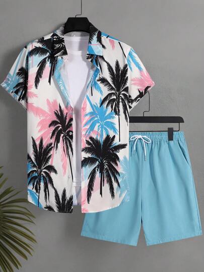 Surfspeed Men's Vacation Style Printed Shirt And Shorts Set Men Swim Trunks, Summer Vacation Men Shirt Co Ord Women Summer Clothes Cute Style, Hawaiian BeachModeOn