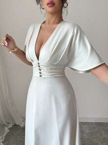 Chiquease 法式优雅高腰喇叭袖深 V 领褶皱束腰杏色女式连衣裙 - 杏色 - 查看 5