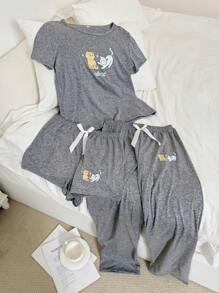 Cute Cat Print 3-Piece Pajama Set With Shorts - Black - View 8