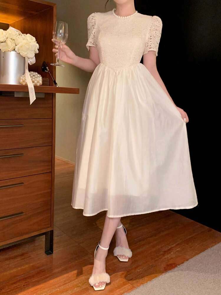 Women's Summer Textured Fabric Round Neck Pearl Patchwork Maxi Elegant Pure Casual Party Dress