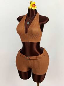 Amplova Set de 2 piezas con top corto con escote en V profundo y espalda de atar y pantalones cortos de cintura baja con textura - Naranja - Ver 8
