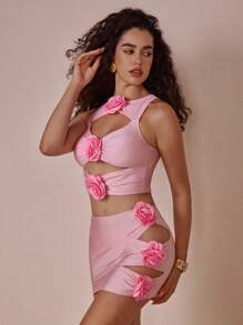 Swim Oasis 3pcs/Set Elegant Women's Swimsuit With Light Pink Floral Decoration, Casual Beach Wear For Summer Beach Vacation