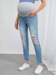 SHEIN Maternity Distressed Denim Jeans Summer Outfits For Women Festival Outfits - Light Wash - View 4