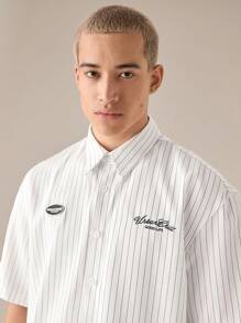 SWAVVY Men's Casual Loose Short Sleeve Stripe Woven Shirt, Fashionable Daily Wear For Young Guys, School - White - View 4