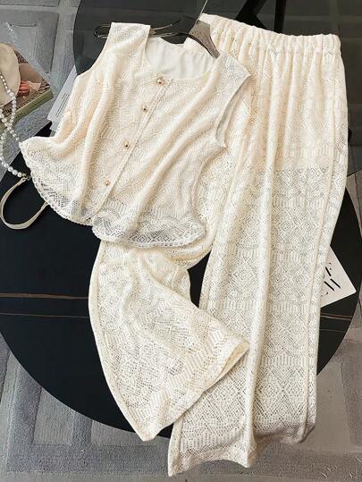 GlowEve 2 件套女士春夏新款时尚镂空针织宽松裤，沙滩度假休闲套装（图案随机剪裁）