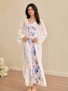 SHEIN 2pcs Teenage Girls Casual Elegant Vacation Ditsy Floral Camisole Dress & Chiffon Long Cardigan Set