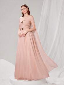 Poshira Vestido elegante de mujer de unicolor con hombros descubiertos y ajustado para la noche - Rosa - Ver 5