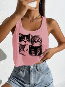 SHEIN EZwear 女士休闲可爱黑白猫咪图案超大U领无袖短款上衣，适合夏季