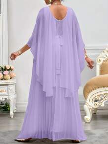 SHEIN Lady Vestidos elegantes para mujer de talla grande con cuello redondo, manga de tres cuartos con pliegues, cierre de cordón y detalles de encaje en tejido de gasa, ideales para la oficina, fiestas, bodas, cocteles, conciertos y festivales de música, en un estilo elegante y clásico, perfectos para la primavera y el verano.