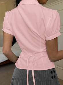 SHEIN EZwear Áo sơ mi nữ mùa hè dệt kim màu hồng ôm vừa vặn - Hồng - Xem 2